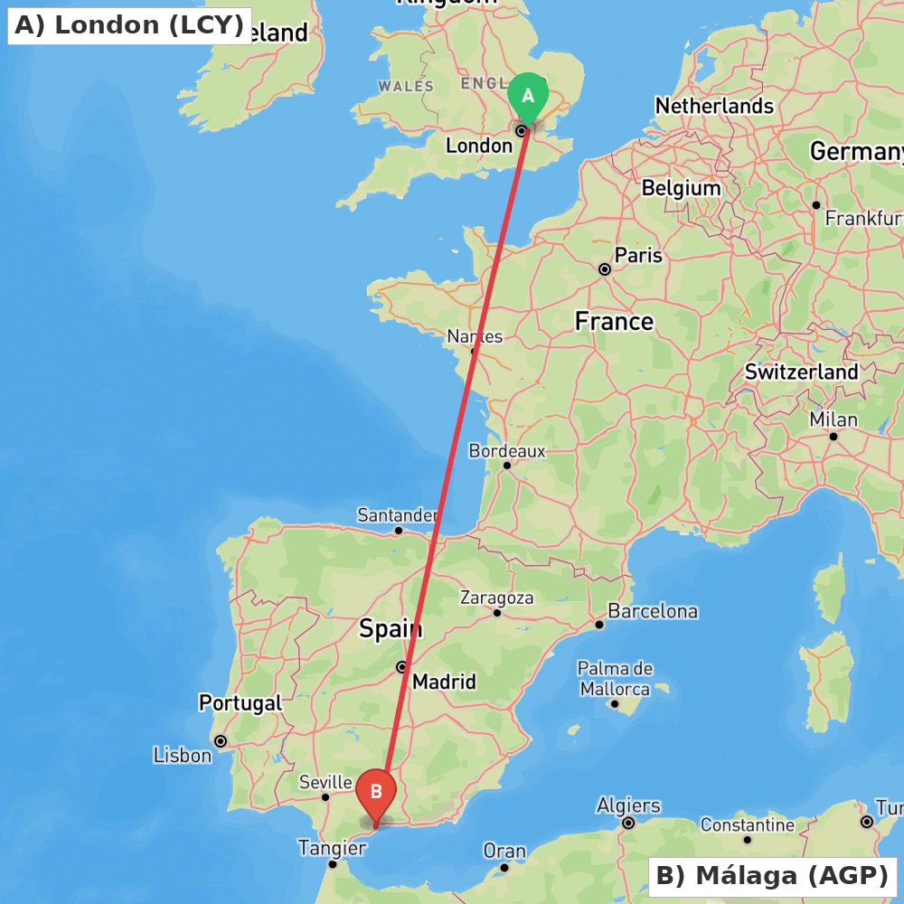 Flight route map from London to Málaga