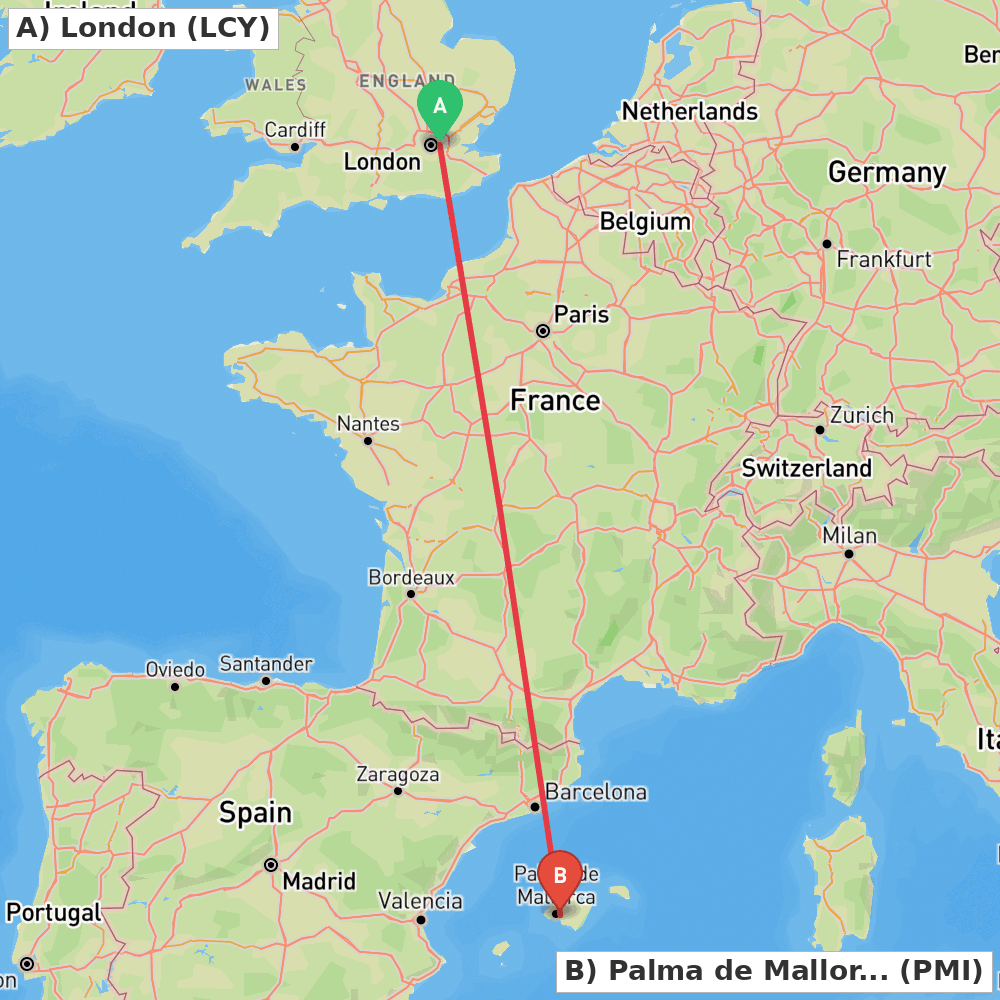 Flight route map from London to Palma de Mallorca