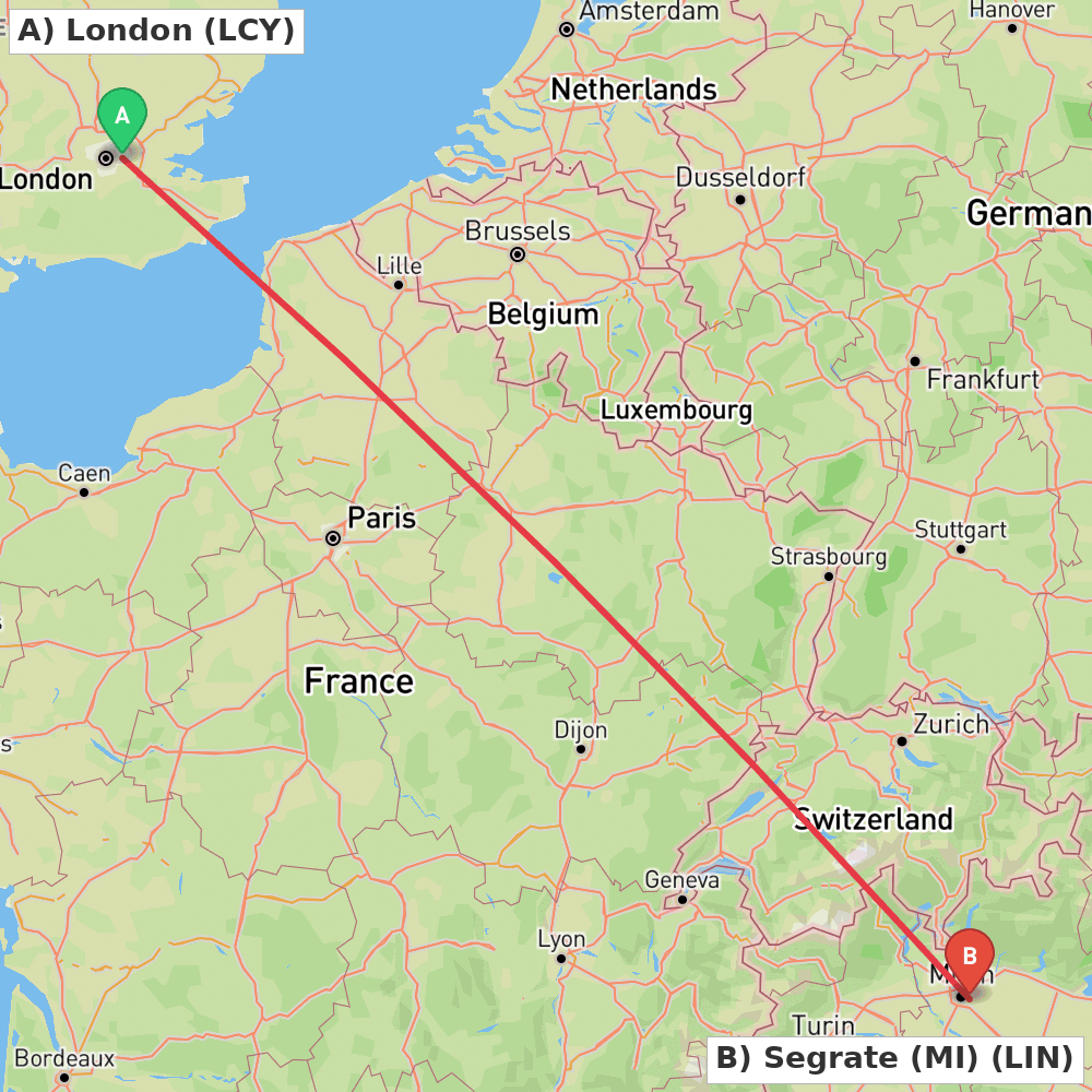 Flight route map from London to Segrate (MI)