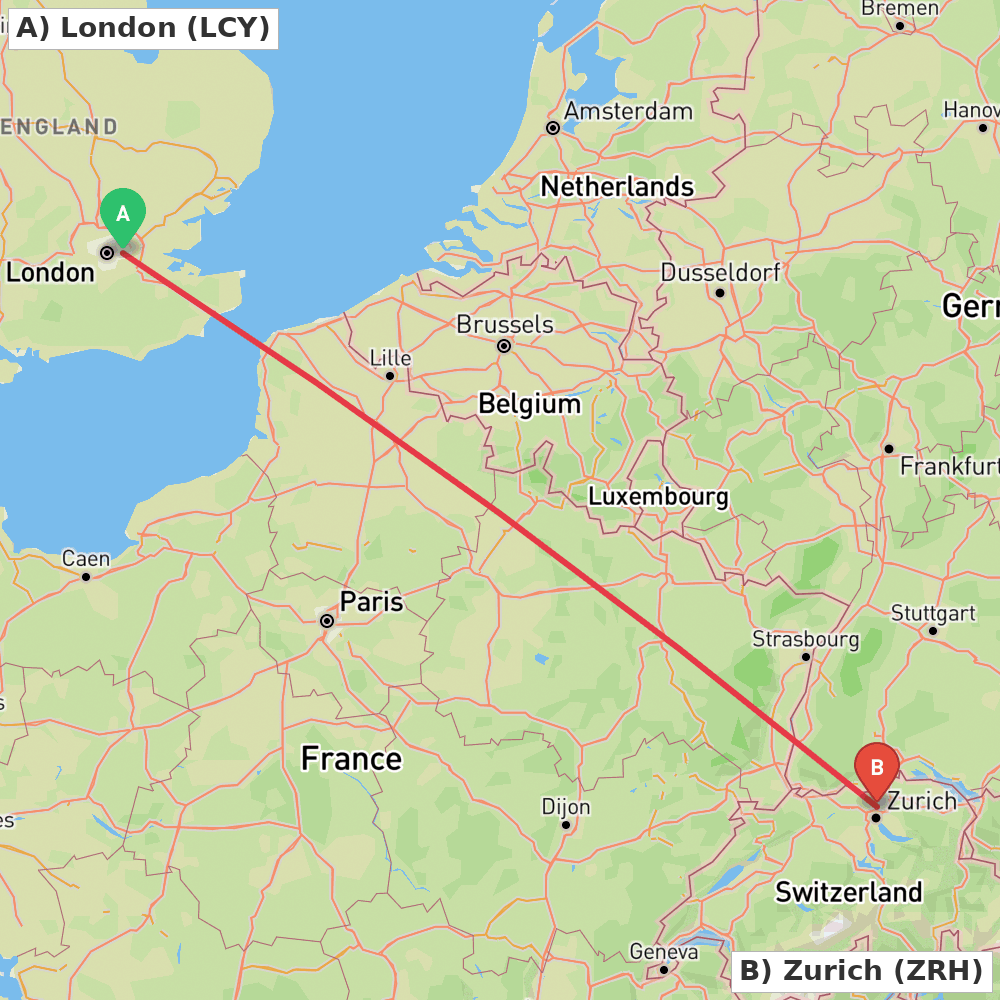 Flight route map from London to Zurich