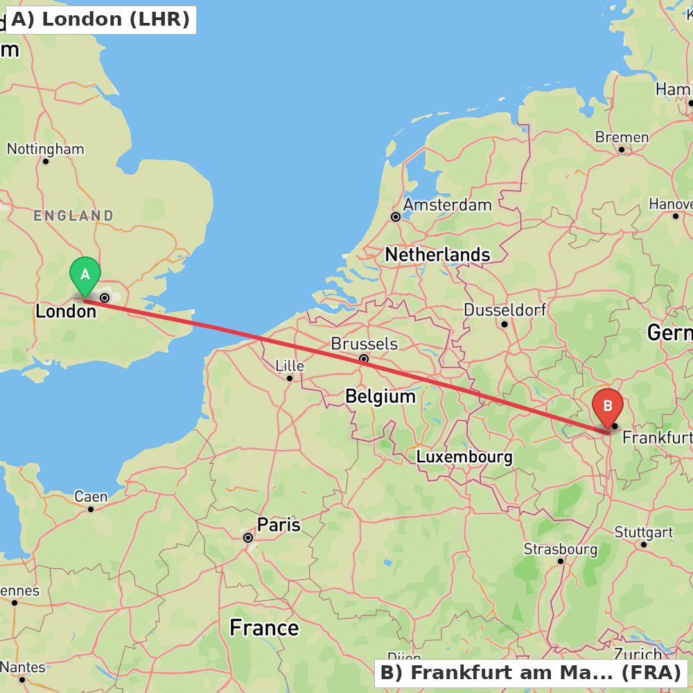 Flight route map from London to Frankfurt am Main