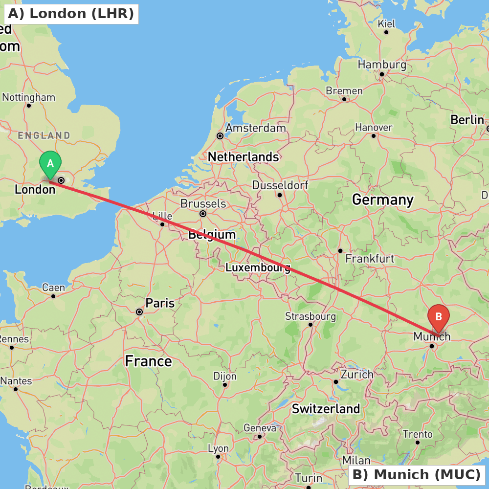Flight route map from London to Munich