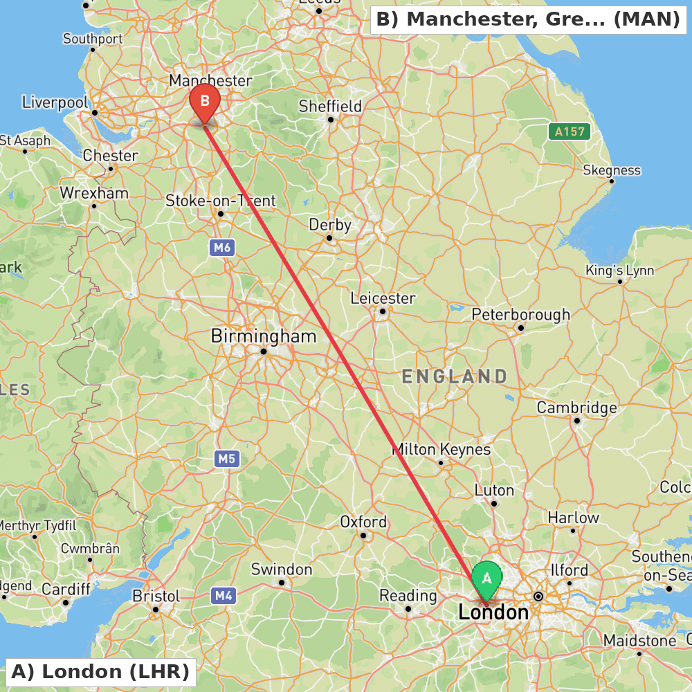 Flight route map from London to Manchester, Greater Manchester