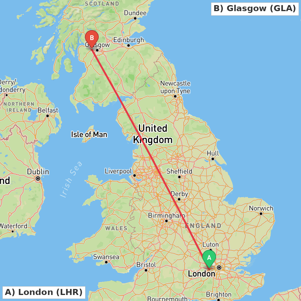 Flight route map from London to Glasgow