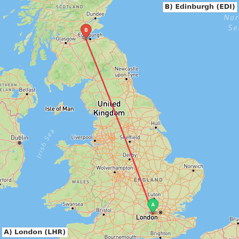 Flight route map from London to Edinburgh