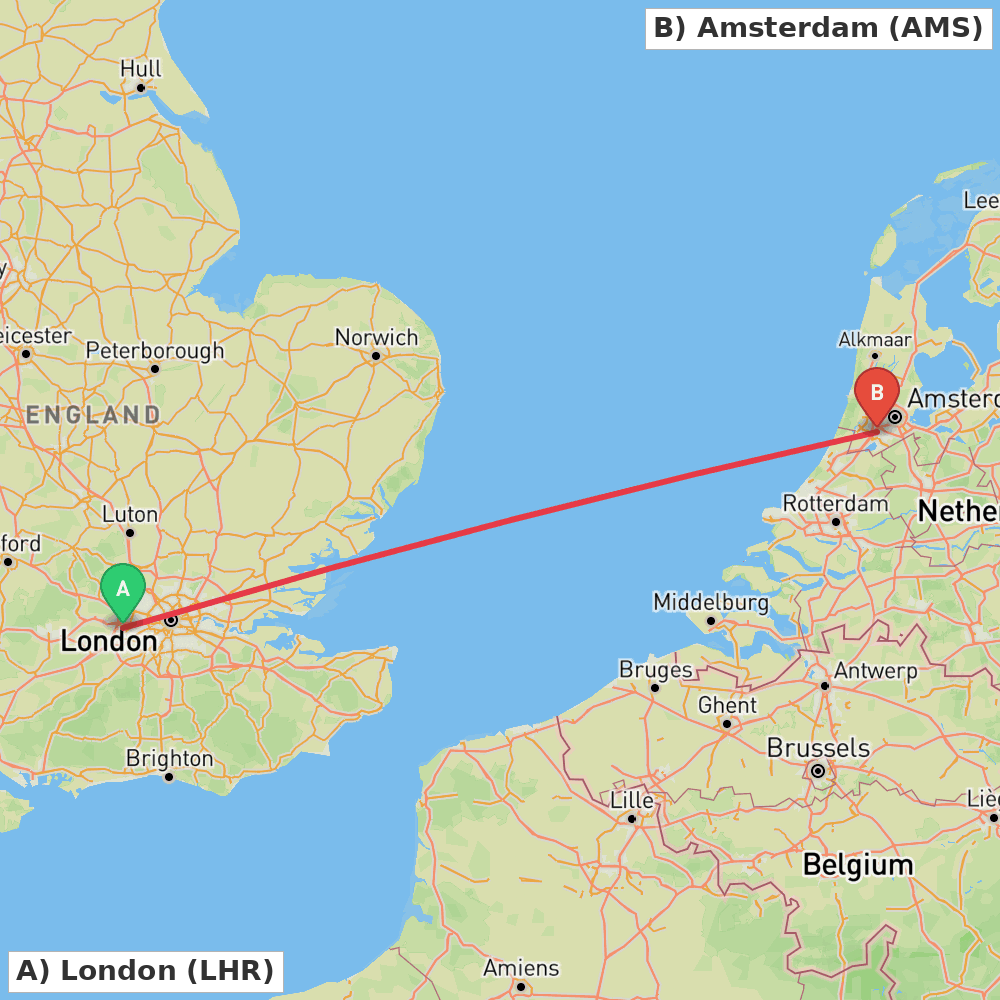 Flight route map from London to Amsterdam