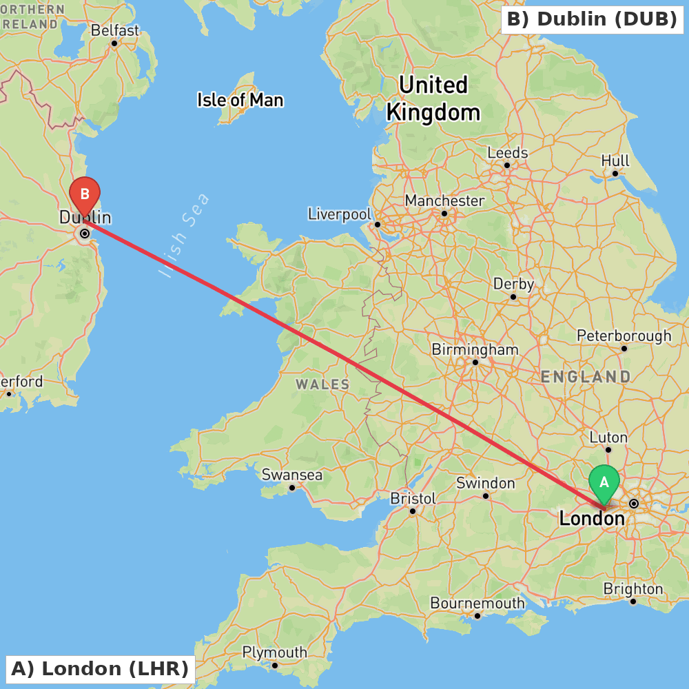 Flight route map from London to Dublin