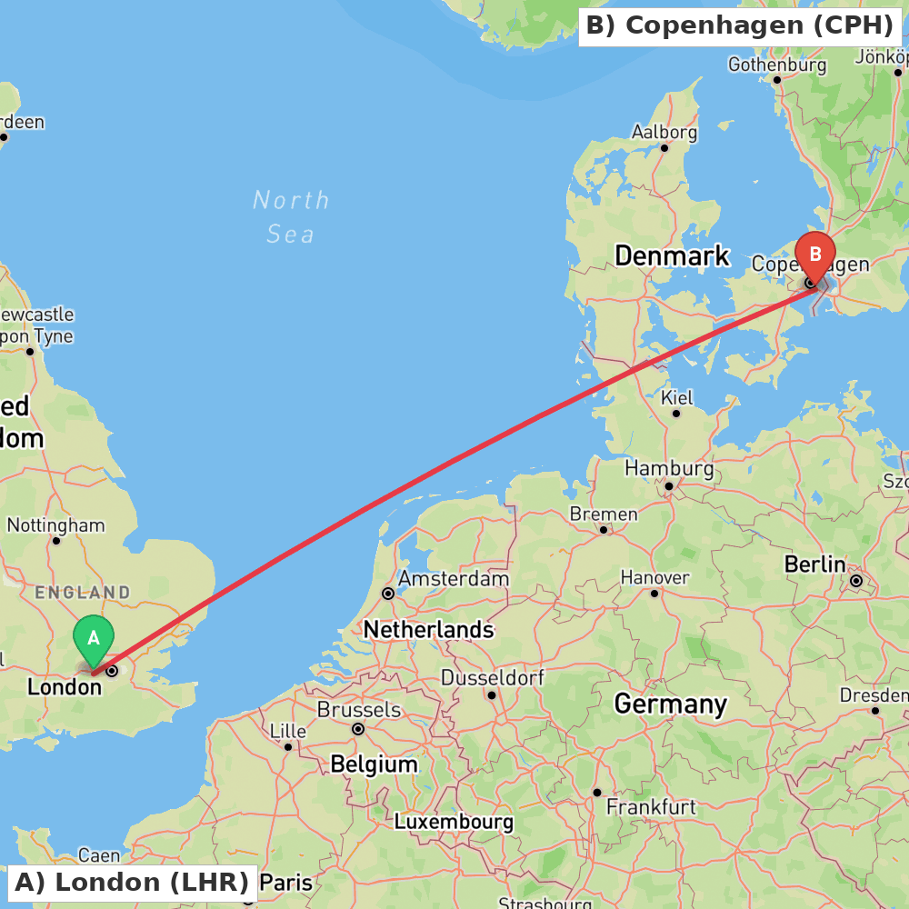 Flight route map from London to Copenhagen