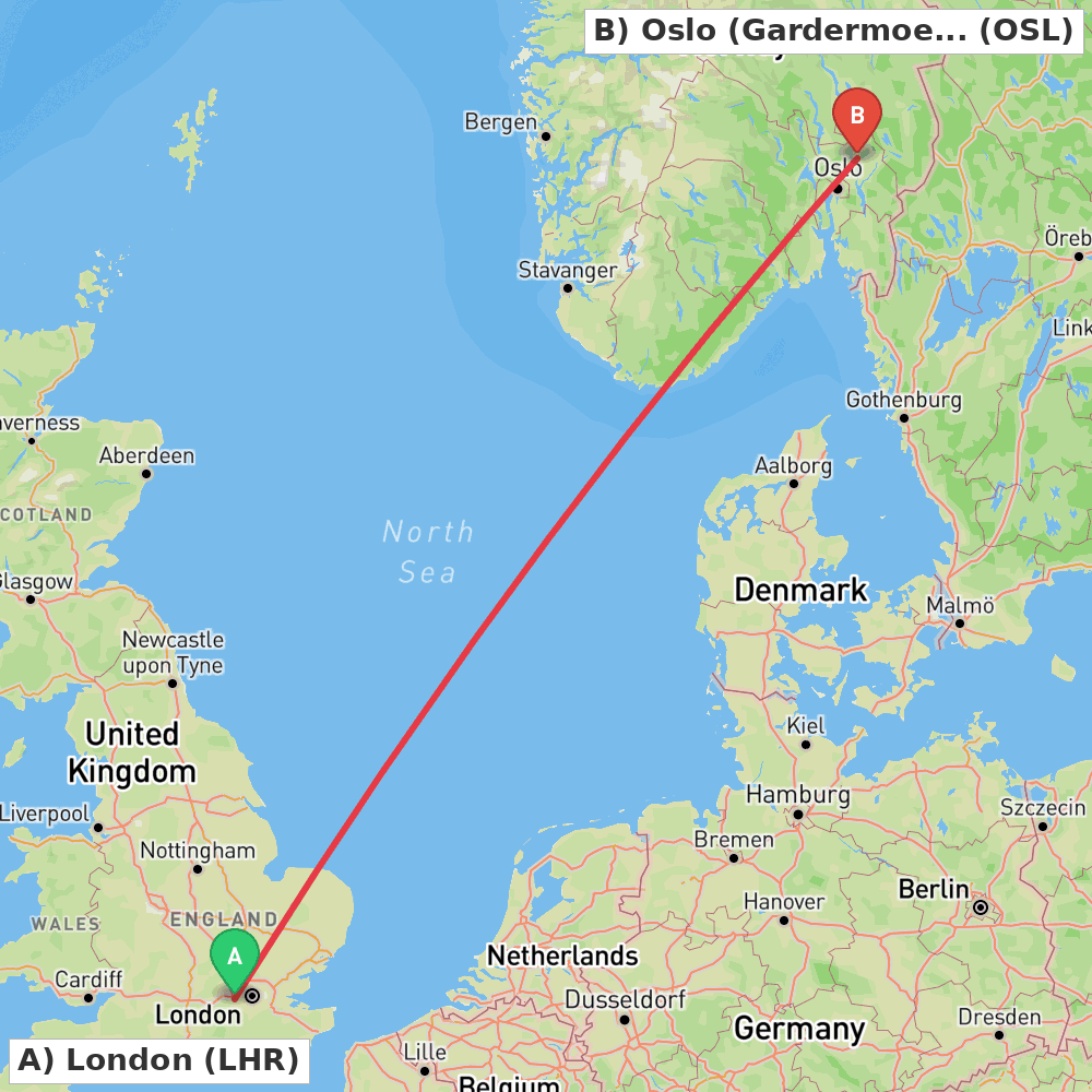 Flight route map from London to Oslo (Gardermoen)