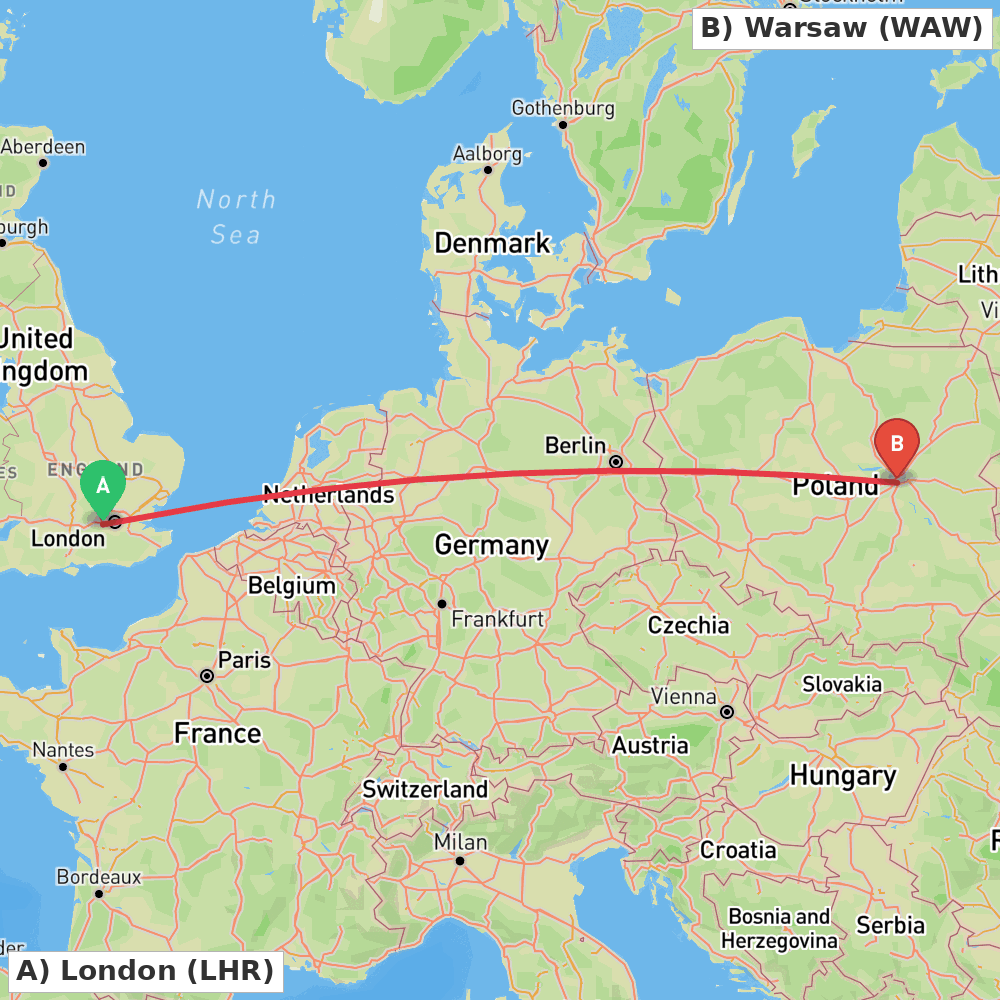 Flight route map from London to Warsaw