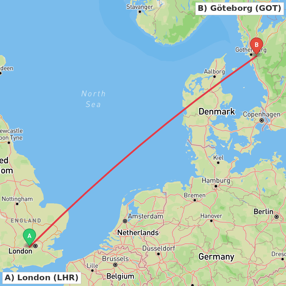 Flight route map from London to Göteborg