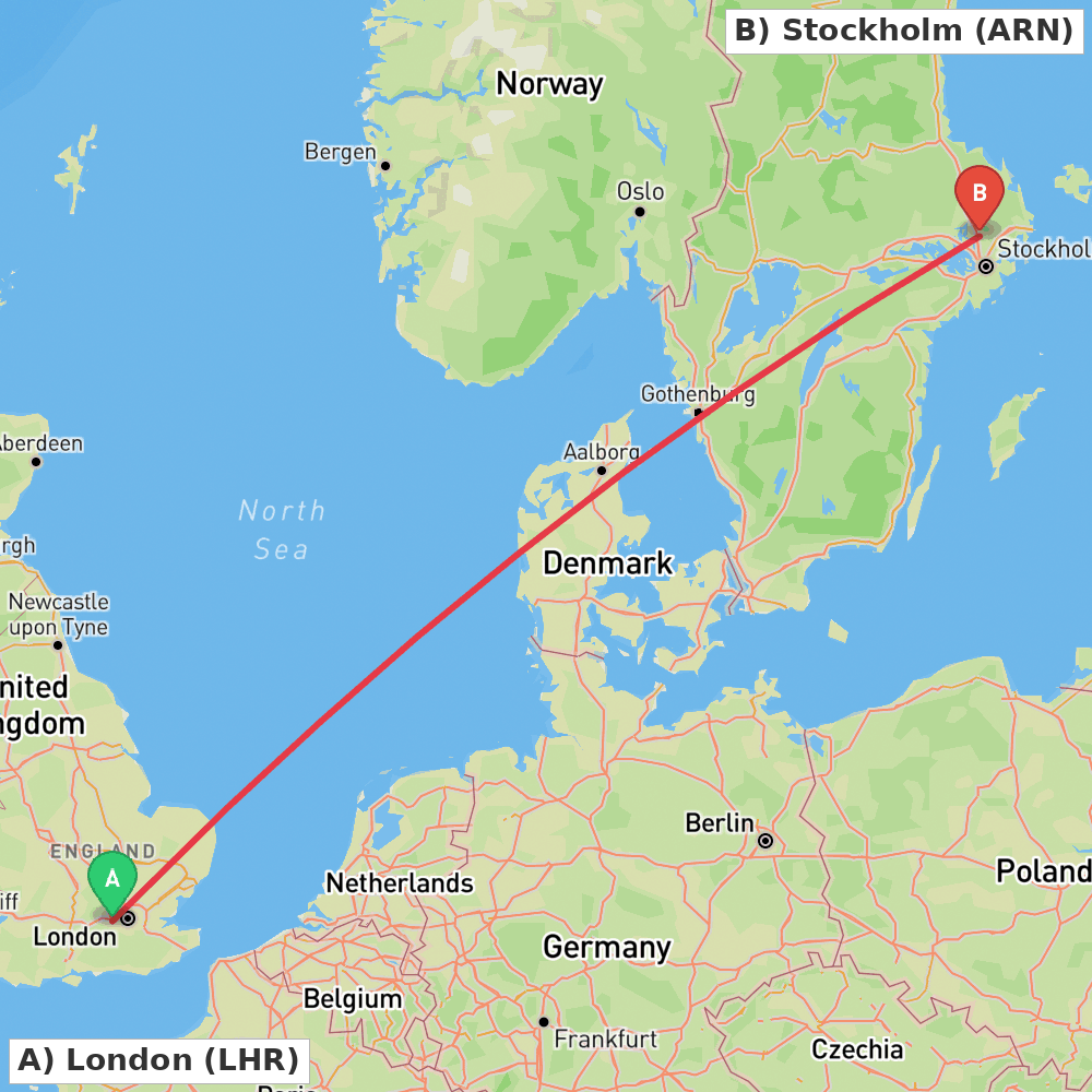 Flight route map from London to Stockholm