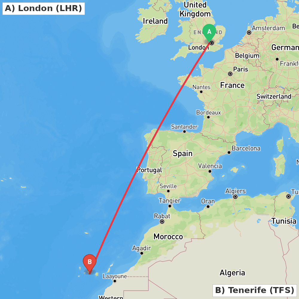 Flight route map from London to Tenerife