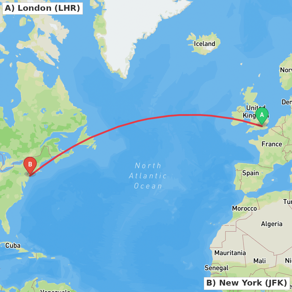 Flight route map from London to New York