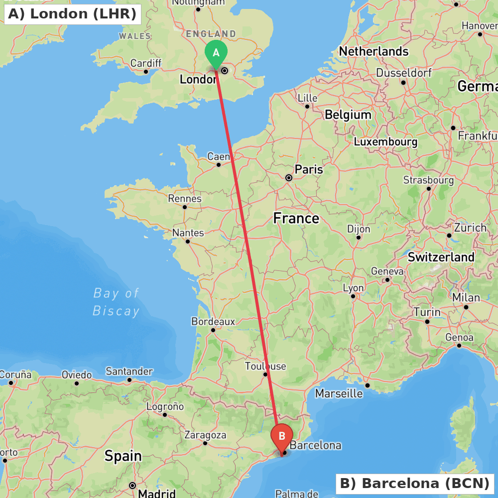 Flight route map from London to Barcelona