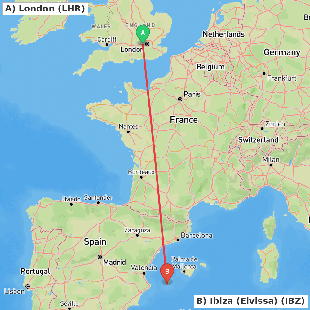 Flight route map from London to Ibiza (Eivissa)