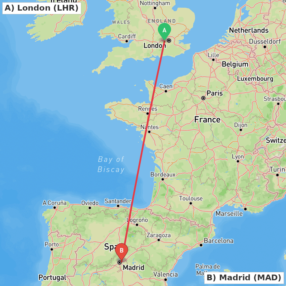 Flight route map from London to Madrid