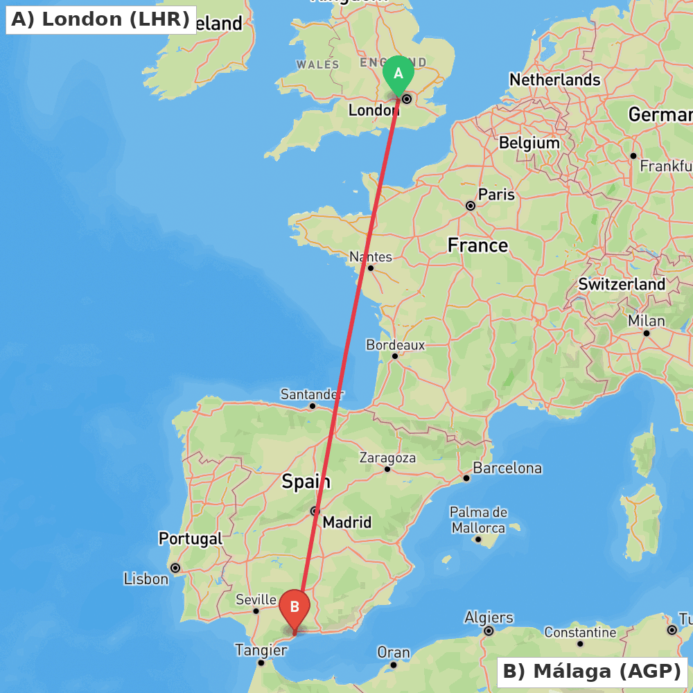 Flight route map from London to Málaga