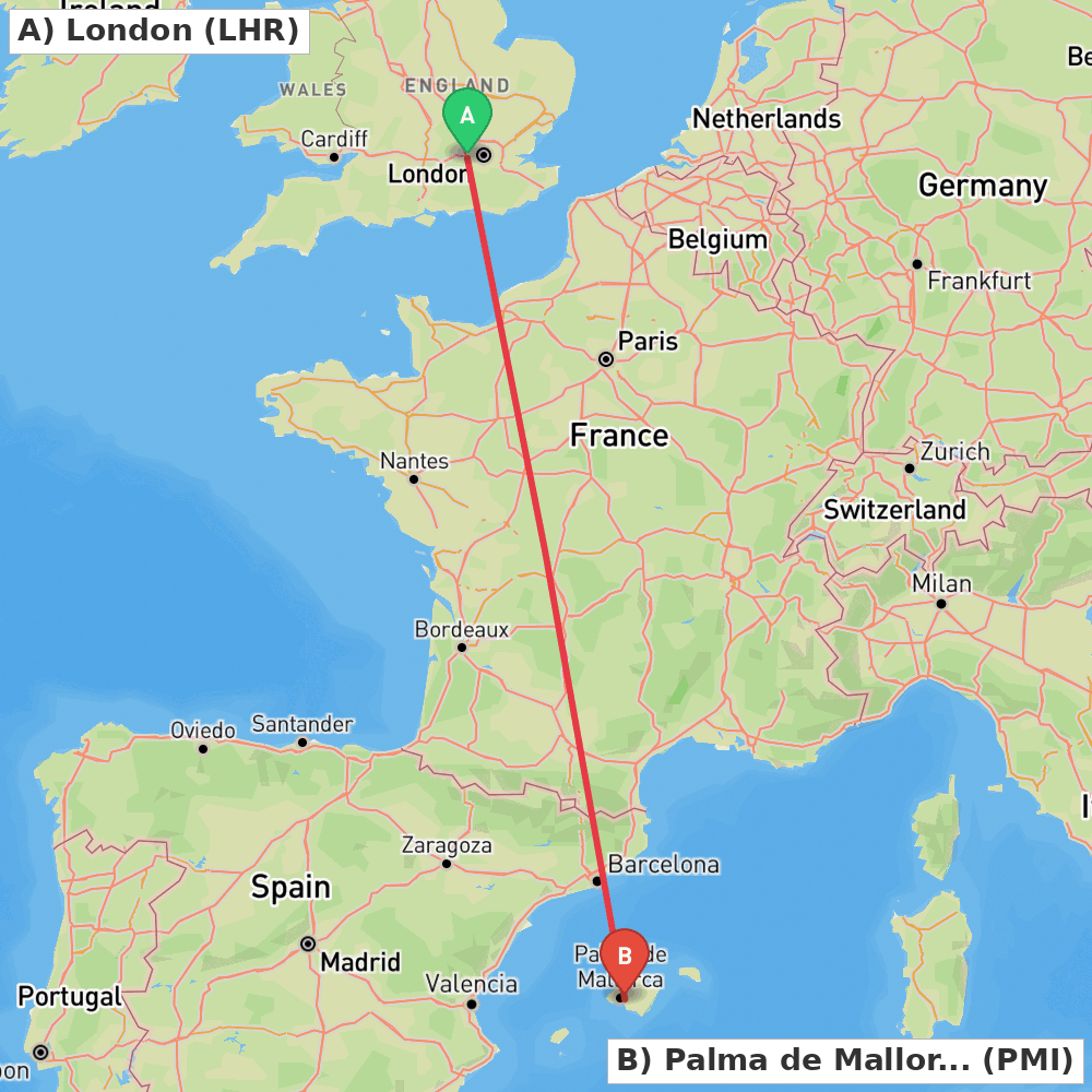 Flight route map from London to Palma de Mallorca