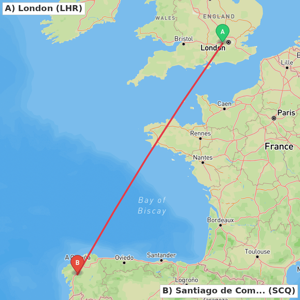 Flight route map from London to Santiago de Compostela