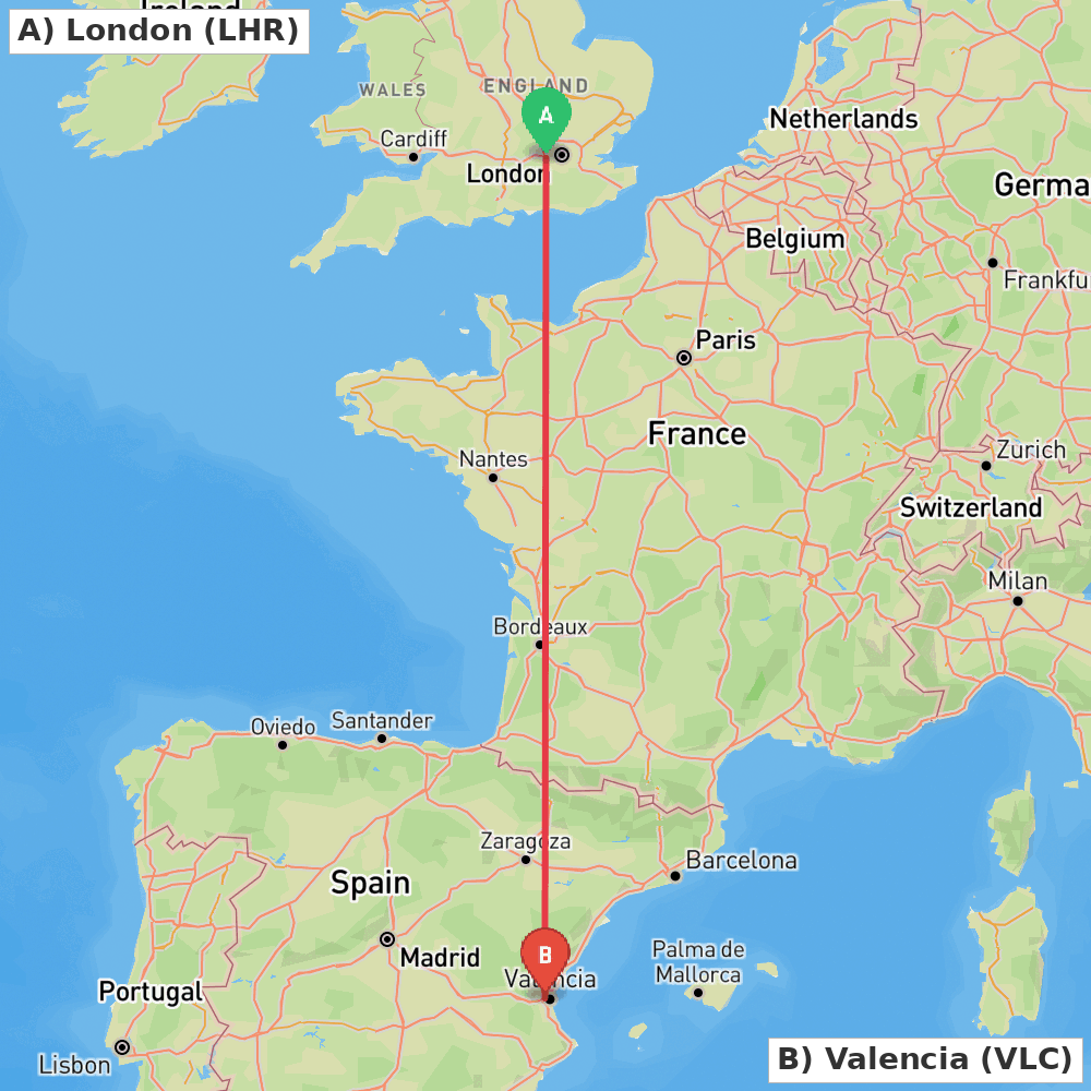 Flight route map from London to Valencia