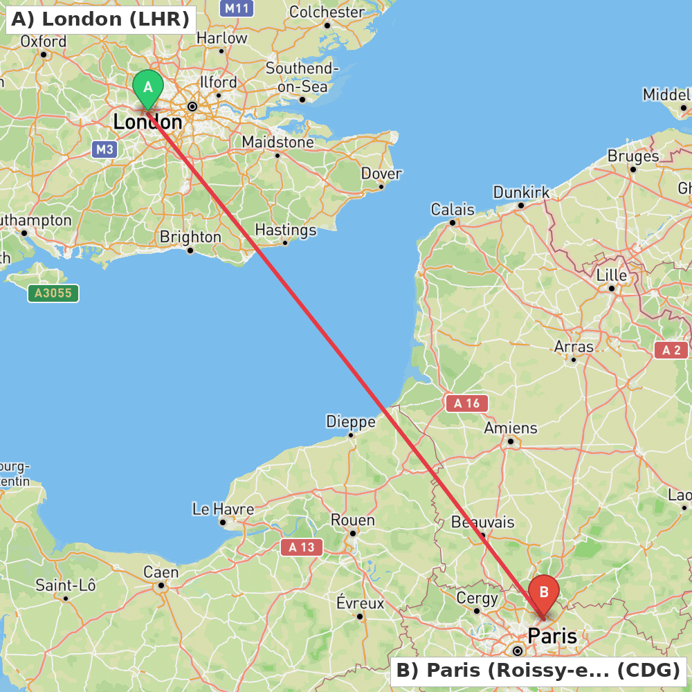 Flight route map from London to Paris (Roissy-en-France, Val-d'Oise)