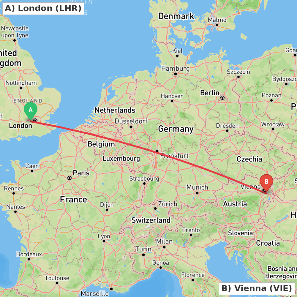 Flight route map from London to Vienna