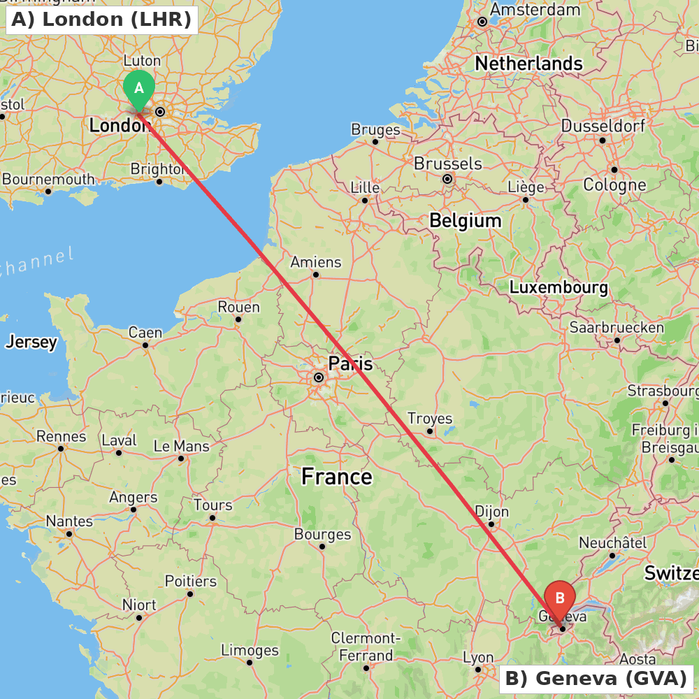 Flight route map from London to Geneva