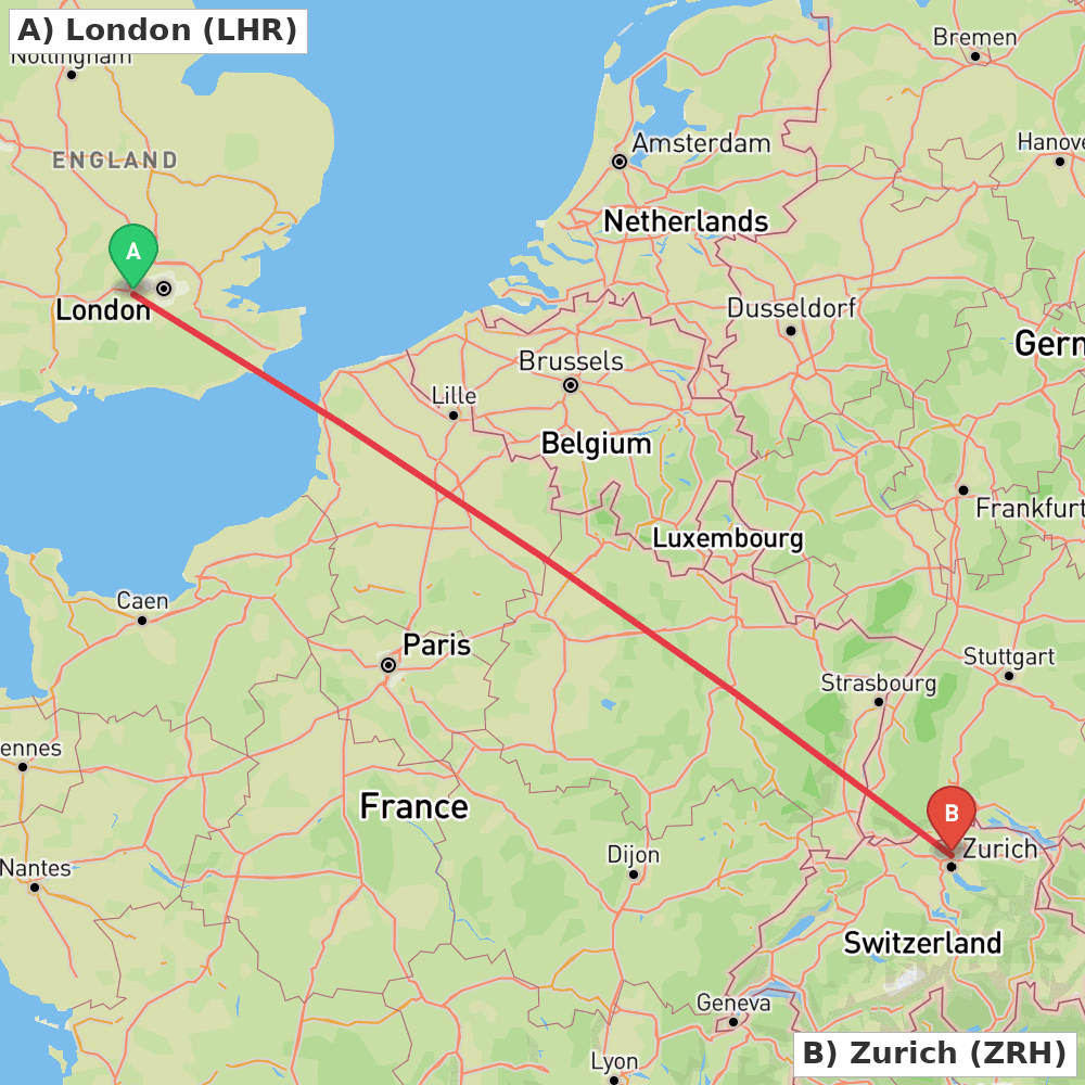 Flight route map from London to Zurich