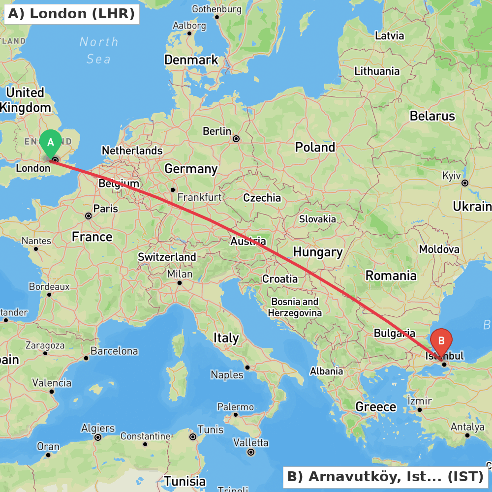 Flight route map from London to Arnavutköy, Istanbul