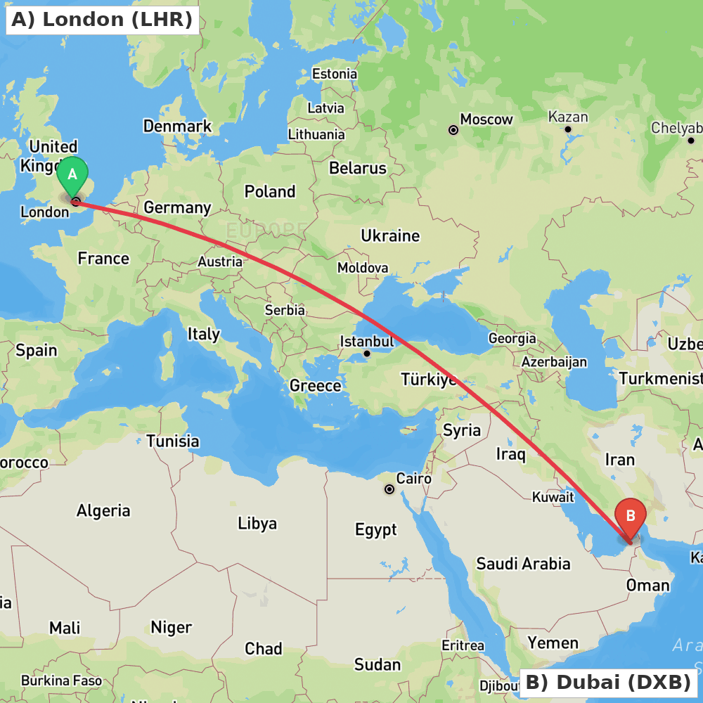 Flight route map from London to Dubai