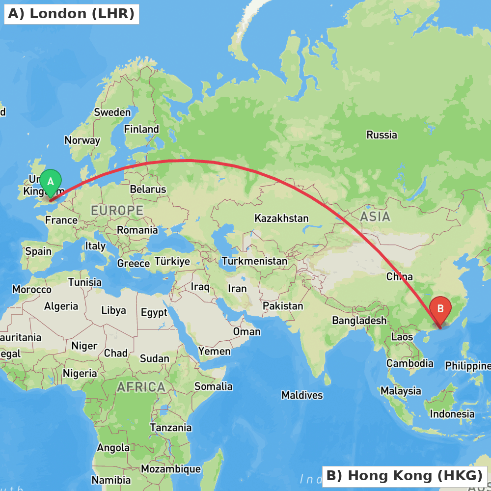 Flight route map from London to Hong Kong