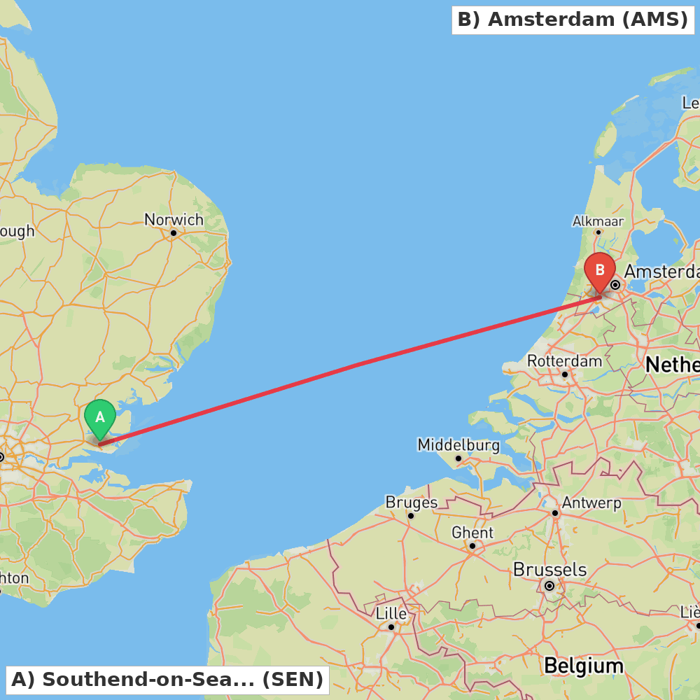 Flight route map from Southend-on-Sea, Essex to Amsterdam