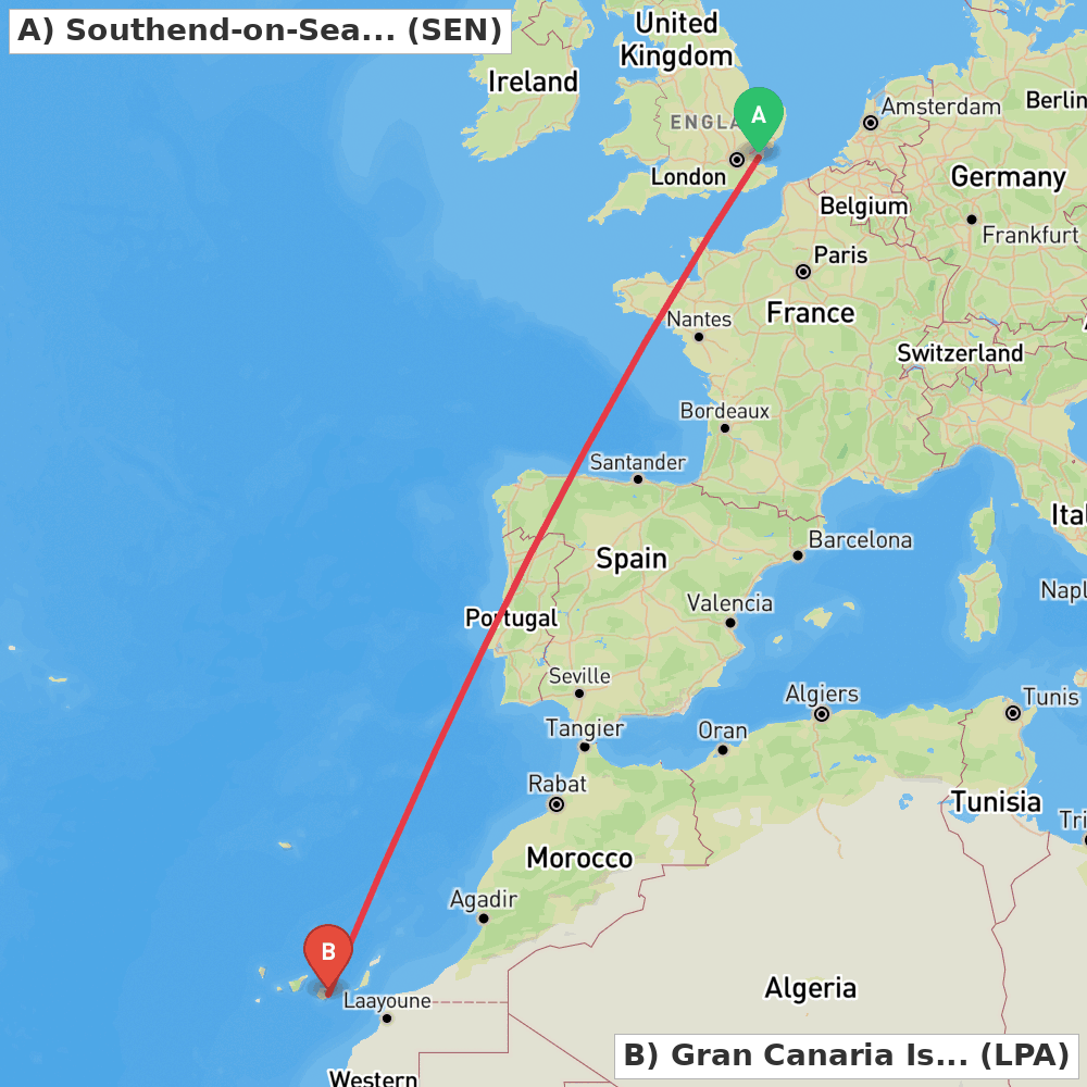 Flight route map from Southend-on-Sea, Essex to Gran Canaria Island