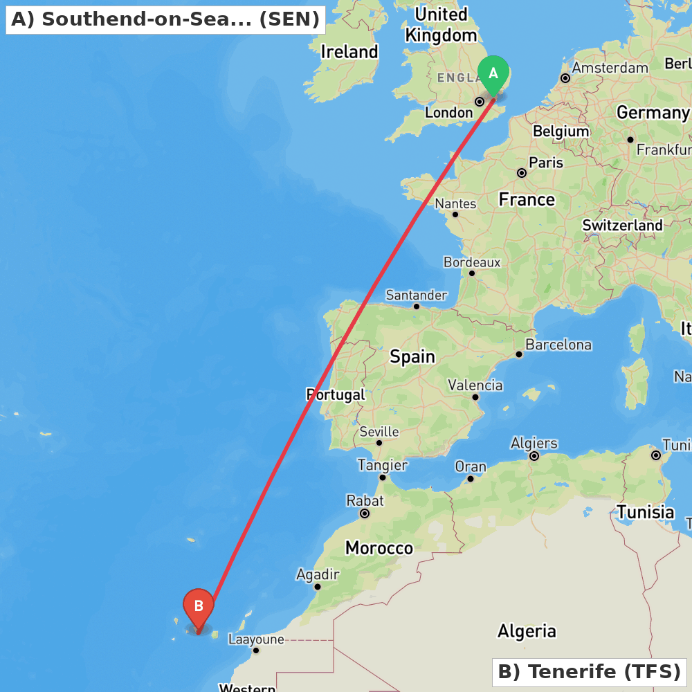 Flight route map from Southend-on-Sea, Essex to Tenerife