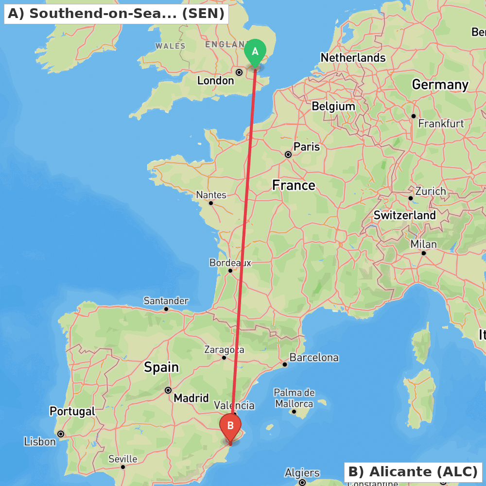 Flight route map from Southend-on-Sea, Essex to Alicante
