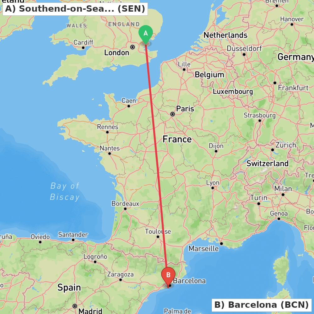 Flight route map from Southend-on-Sea, Essex to Barcelona