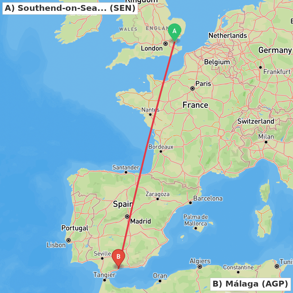 Flight route map from Southend-on-Sea, Essex to Málaga