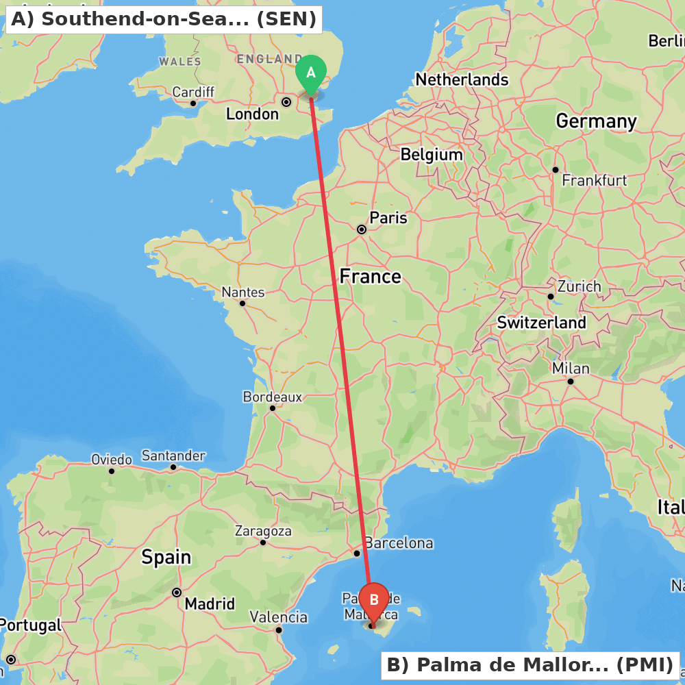 Flight route map from Southend-on-Sea, Essex to Palma de Mallorca