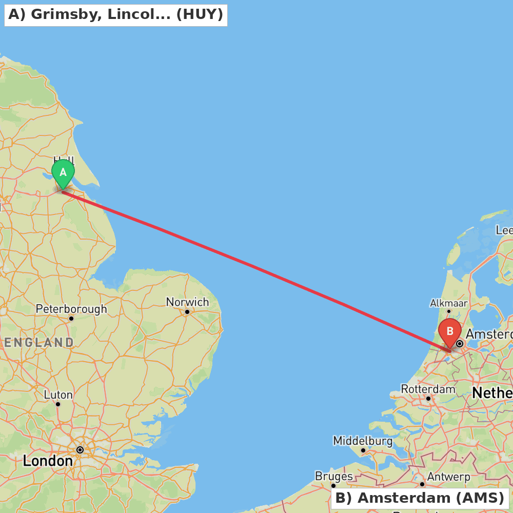 Flight route map from Grimsby, Lincolnshire to Amsterdam