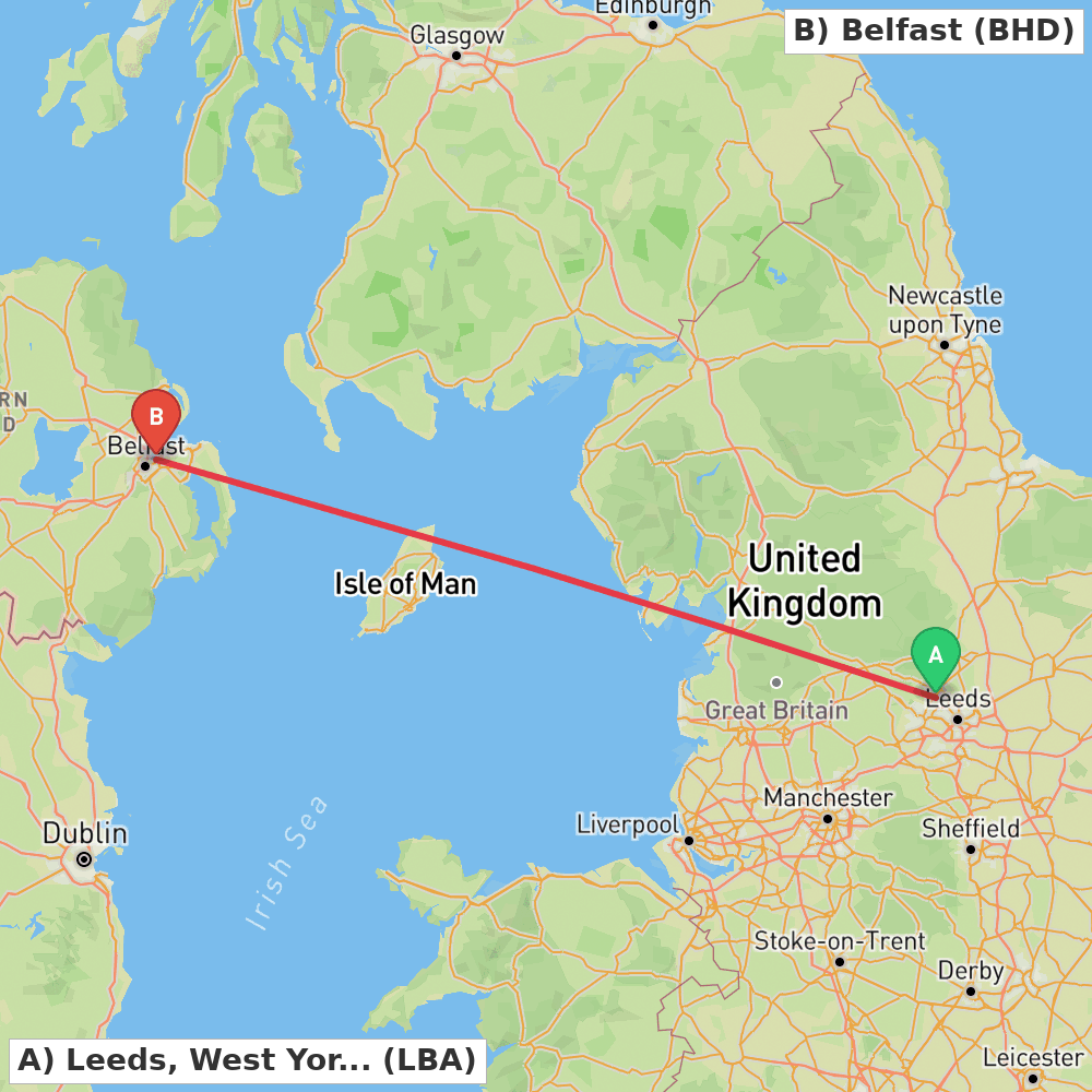 Flight route map from Leeds, West Yorkshire to Belfast