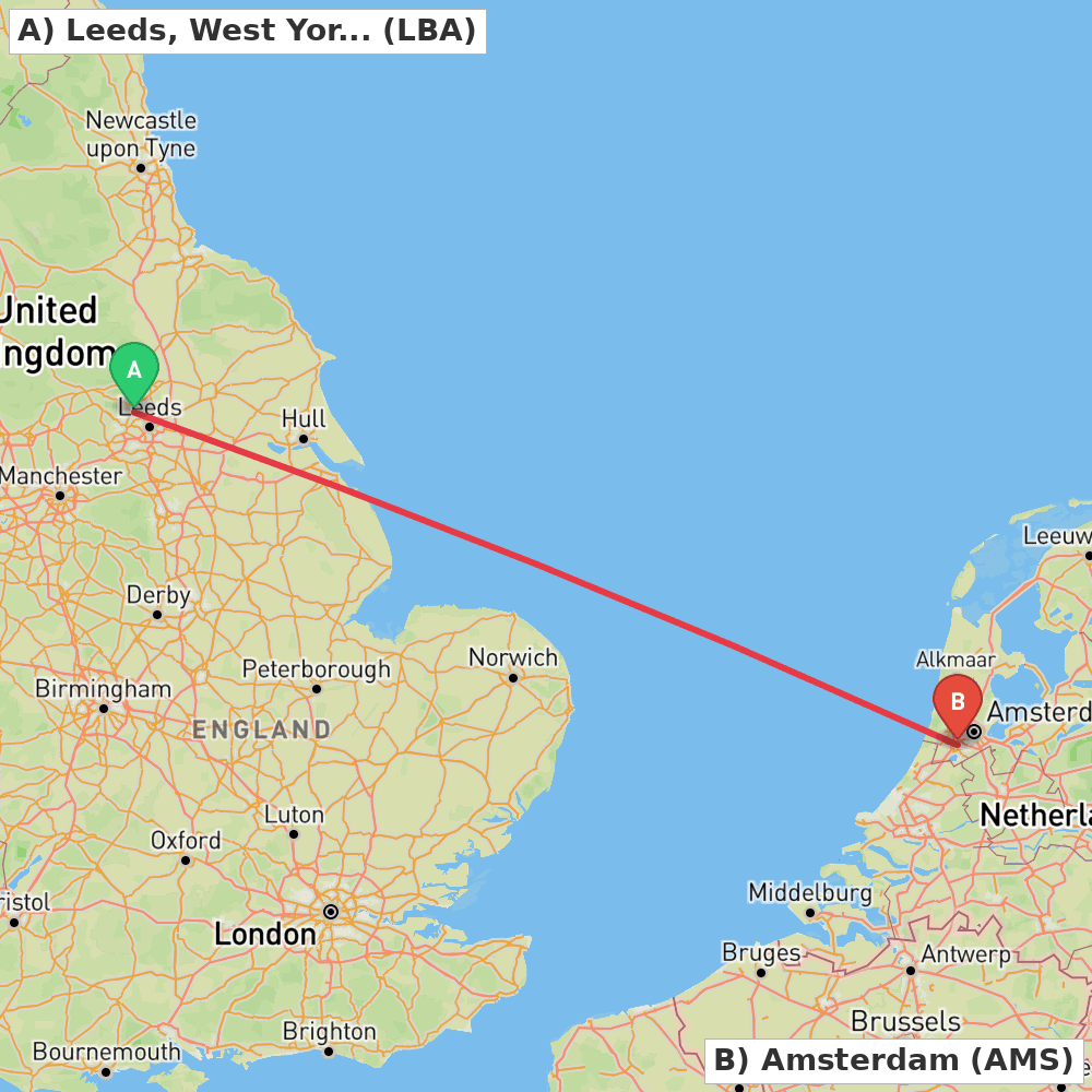 Flight route map from Leeds, West Yorkshire to Amsterdam