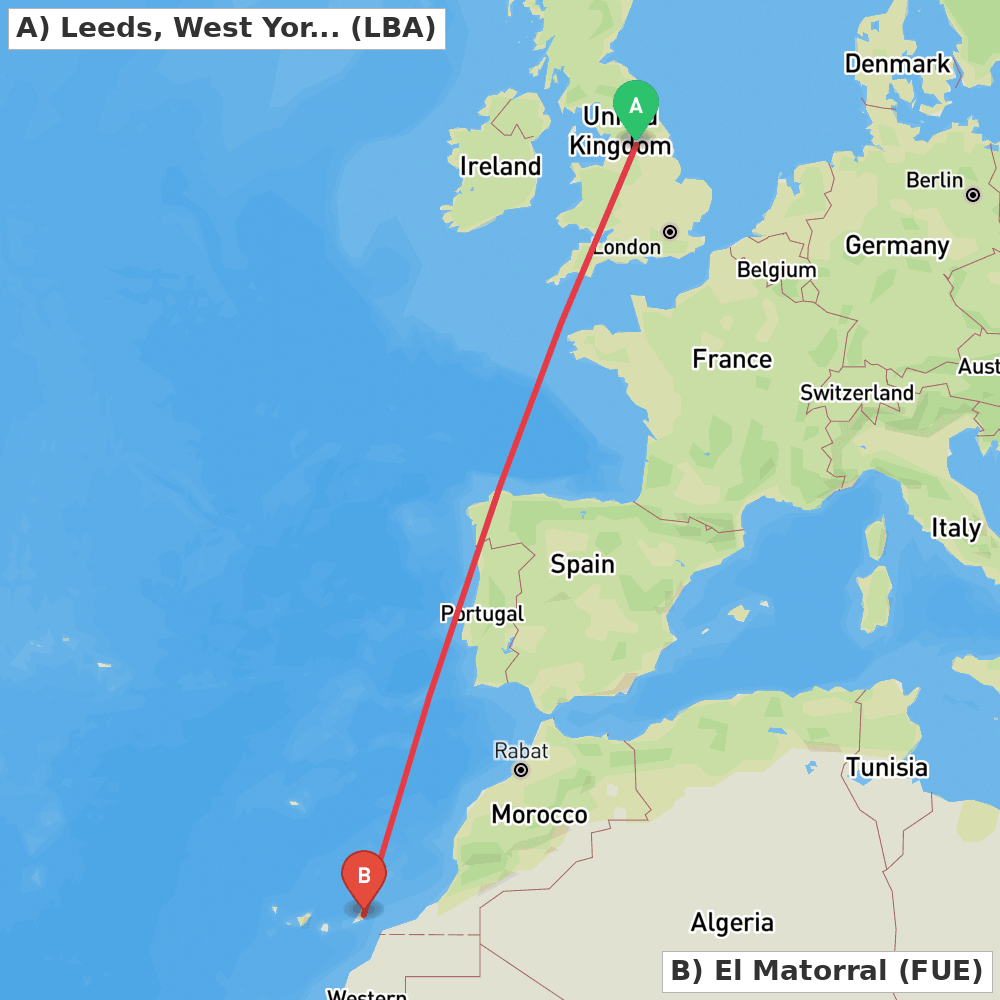 Flight route map from Leeds, West Yorkshire to El Matorral