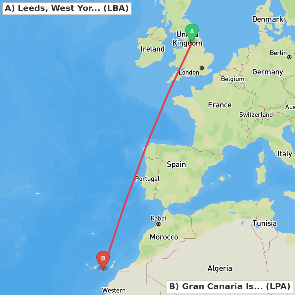 Flight route map from Leeds, West Yorkshire to Gran Canaria Island