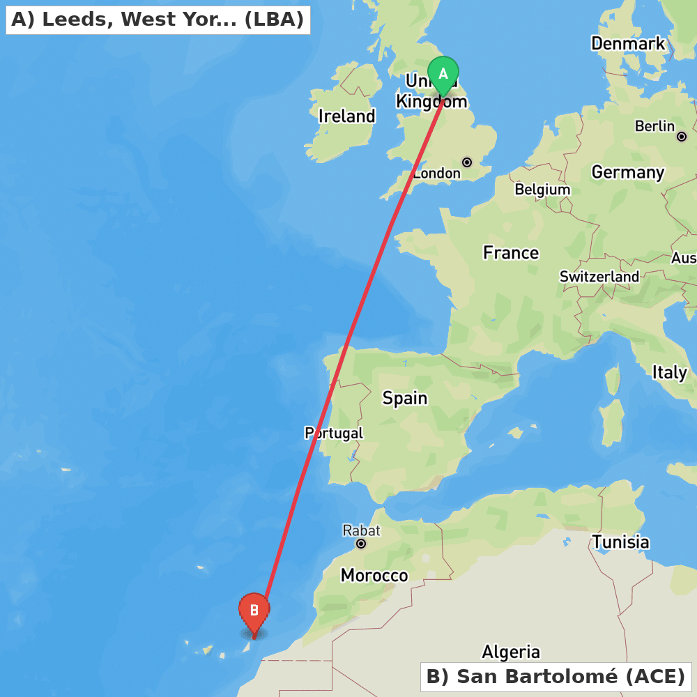 Flight route map from Leeds, West Yorkshire to San Bartolomé
