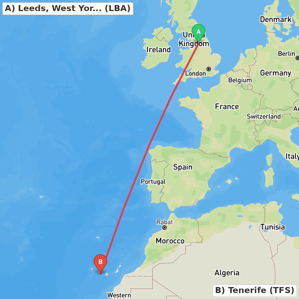Flight route map from Leeds, West Yorkshire to Tenerife