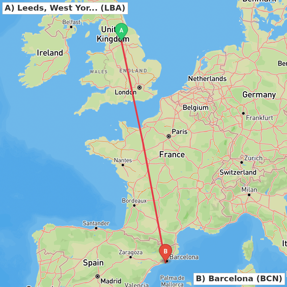 Flight route map from Leeds, West Yorkshire to Barcelona