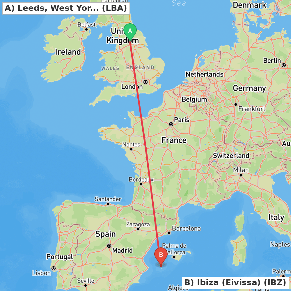 Flight route map from Leeds, West Yorkshire to Ibiza (Eivissa)