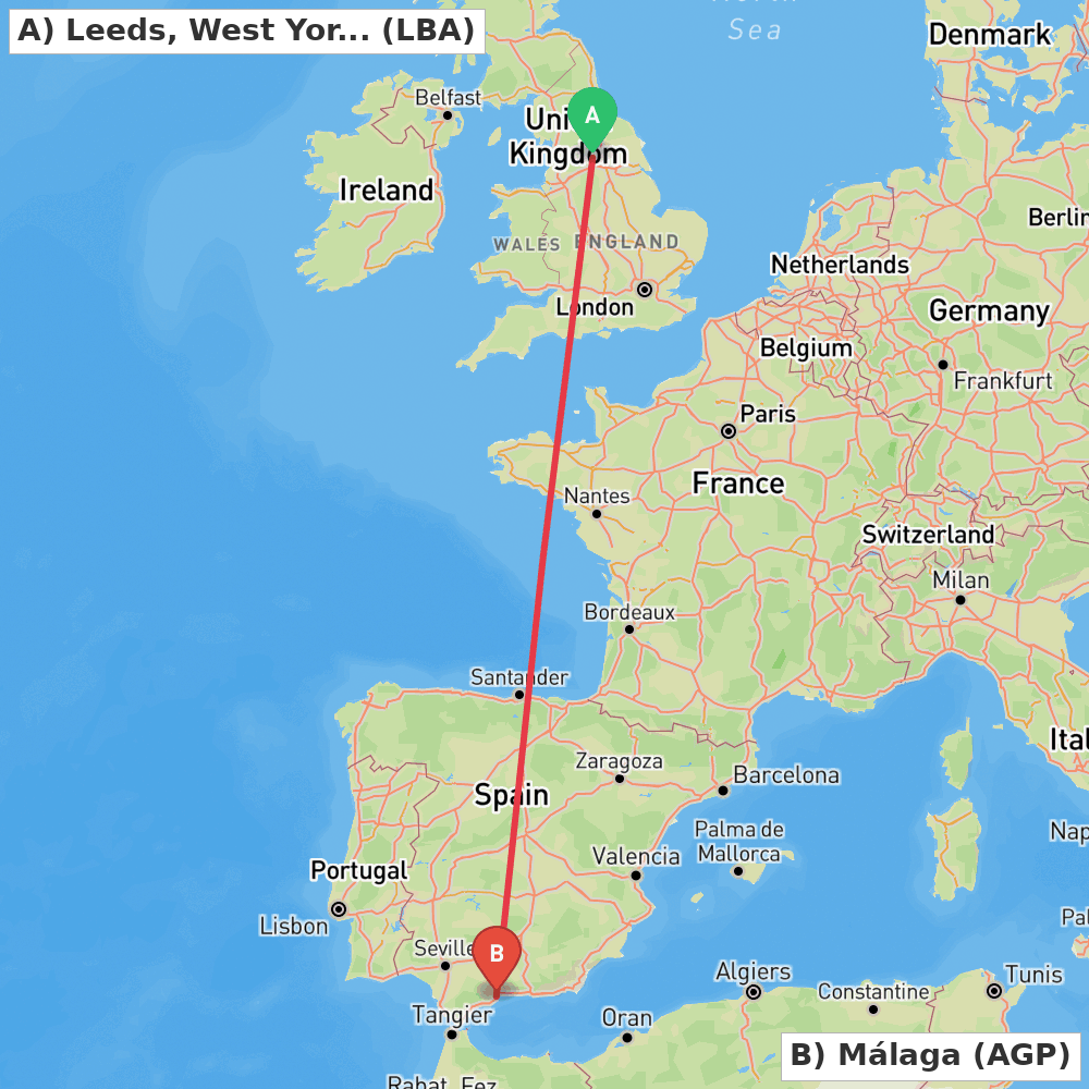 Flight route map from Leeds, West Yorkshire to Málaga