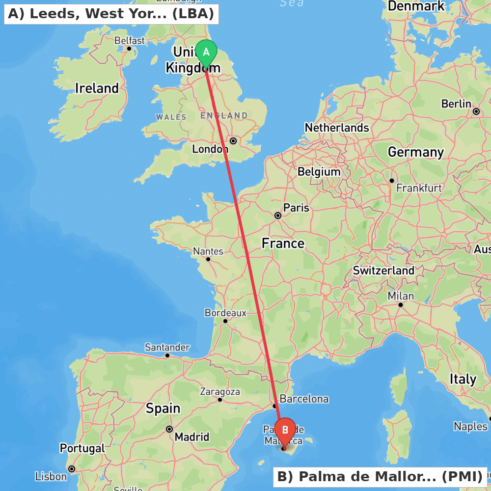Flight route map from Leeds, West Yorkshire to Palma de Mallorca